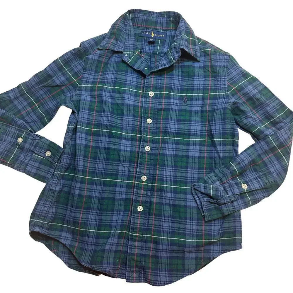 Boy's Ralph Lauren Plaid Button Down Shirt sz S (8) Blue Green Plaid